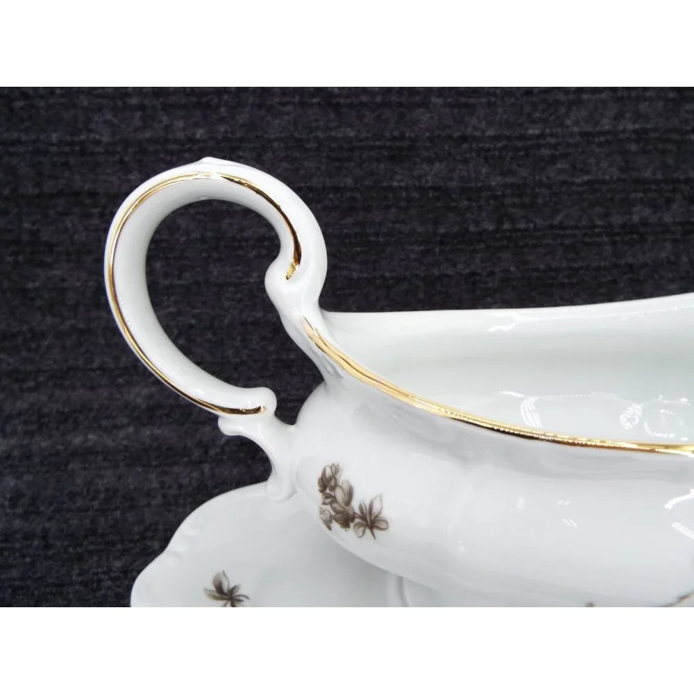 Johann Haviland Sepia Rose Gravy Boat Attached Underplate Bavaria Germany